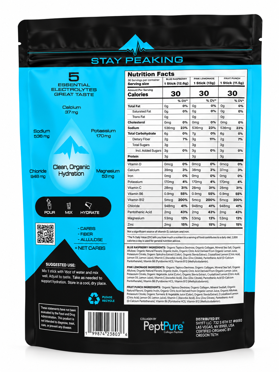 Back of the Peak Hydration pouch showing the Nutrition Facts panel, electrolyte breakdown, and ingredients