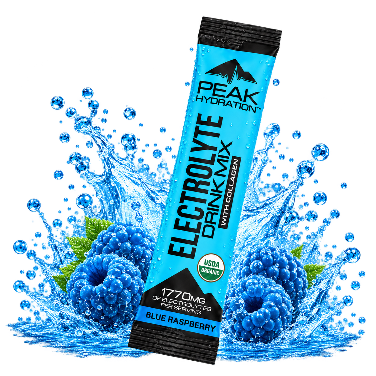 Blue Raspberry Peak Hydration stick pack with a splash of blue raspberries
