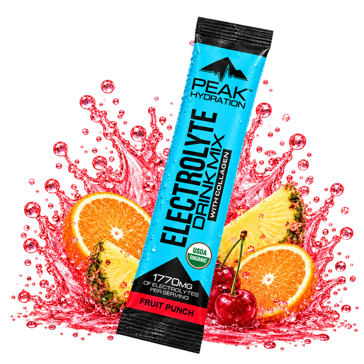Fruit Punch Peak Hydration stick pack with a splash of oranges and tropical fruit