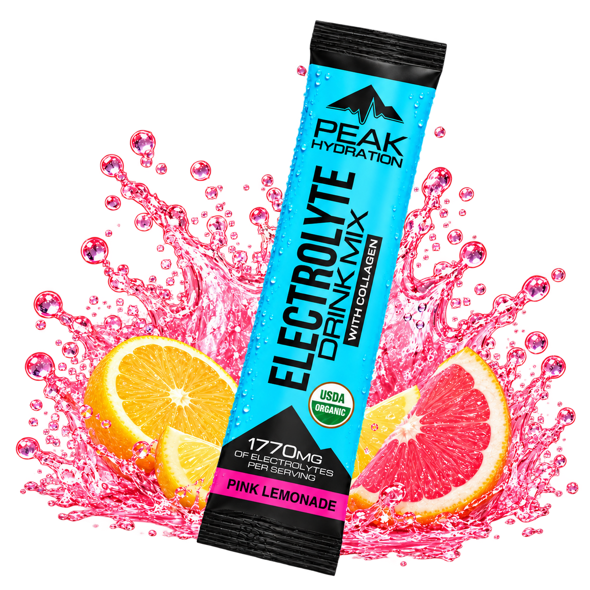 Pink Lemonade Peak Hydration stick pack with a splash of lemon and grapefruit