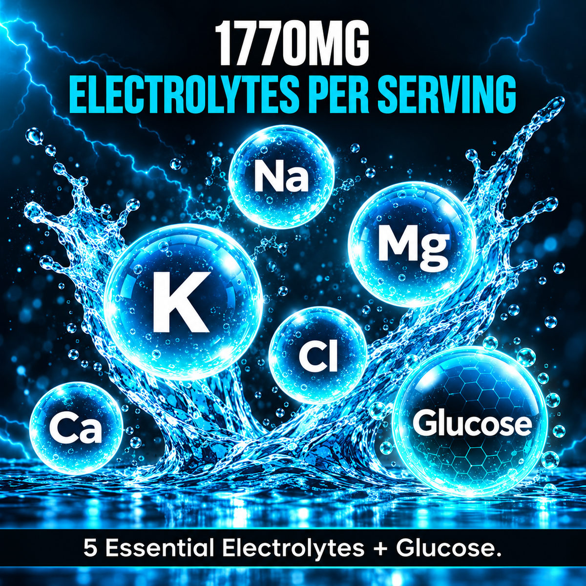 1,770 mg of electrolytes per serving: sodium, potassium, magnesium, calcium, chloride, plus glucose